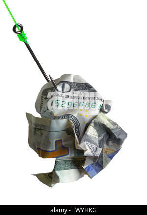 Ball of Cash on a Fishing Hook Isolated on White Background. Stock Photo