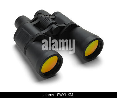 Pair of Black Binoculars with Orange Anti Glare Lens Isolated on White Background. Stock Photo