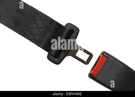 New Black Open Seat Belt Isolated on White Background. Stock Photo