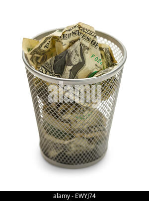 Waste Basket Full of Money Isolated on White Background. Stock Photo