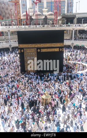 MECCA, SAUDI ARABIA-MAC 09, 2015: WIde angle view of Muslim pilgrims circumambulate the Kaaba counter-clockwise at Masjidil Hara Stock Photo