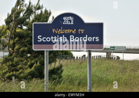 Scottish borders as viewed from the English side on the A1 route northbound through Northumberland, England. Stock Photo