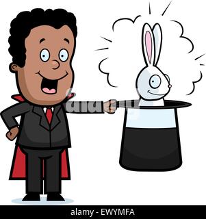 A happy cartoon kid magician with a rabbit in his hat. Stock Vector