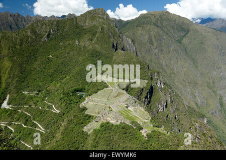 Machu Picchu Inca ruins from Huayna Picchu Mountain, near Machu Picchu Pueblo (aka Aguas Calientes), Cusco, Peru Stock Photo