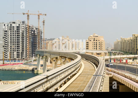 View of Palm Jumeirah and the skyrail from the metro monoral Stock Photo