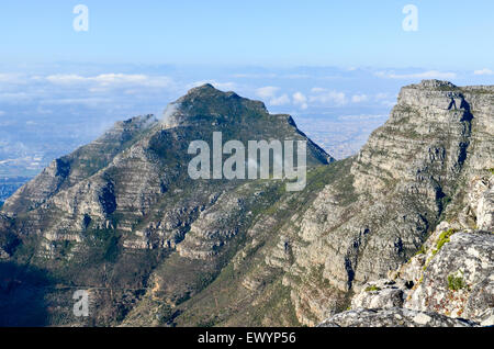 Aerial view of Devil's Peak on Table mountain from the India Venster route on Table Mountain, Cape Town Stock Photo