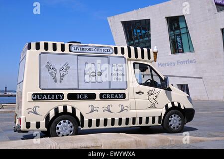 Ice cream van by the quayside and ferry terminal, Liverpool, Merseyside, England, UK, Western Europe. Stock Photo