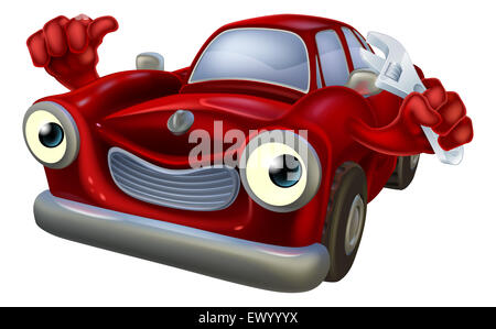 Cartoon car character holding a spanner and giving a thumbs up, auto repair garage mechanic