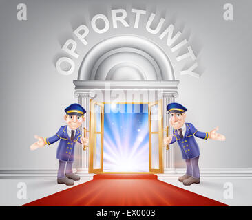 Opportunity Door concept of a doormen holding open a red carpet entrance to opportunity with light streaming through it. Stock Photo