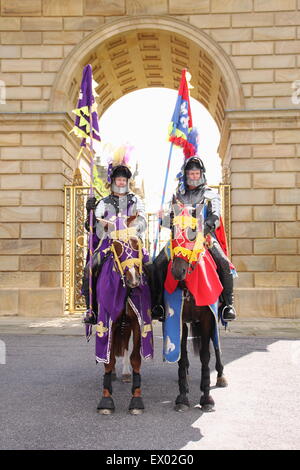 Members of the Knights of Arkley at the gates of Chatsworth House at Chatsworth Country Fair, Peak District Derbyshire England Stock Photo