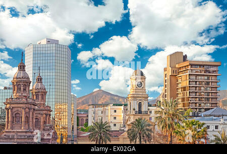 Santiago de Chile downtown, modern skyscrapers mixed with historic buildings, Chile. Stock Photo