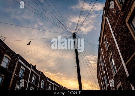 Telephone lines and pole in Bristol city, England, UK Stock Photo