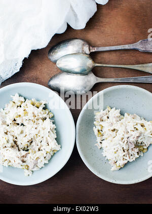 Still life with two bowls of tuna and rice salad Stock Photo