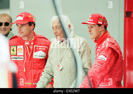 Eddie Irvine & Michael Schumacher, Ferrari Motor Racing Drivers, pictured at Qualifying session, British Grand Prix, Silverstone Circuit, Silverstone, Saturday 13th July 1996. Stock Photo