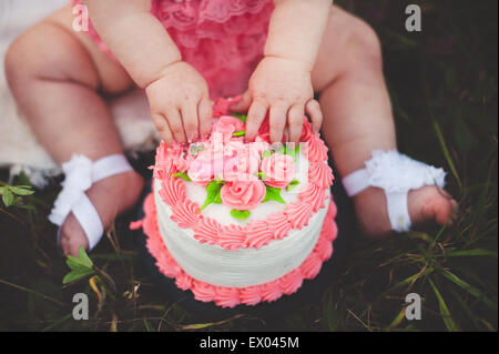 Cropped shot of baby girl sitting on grass touching pink roses on birthday cake Stock Photo