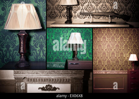 Collage of vintage interior with retro elements with vintage-retro toning. Old style Stock Photo