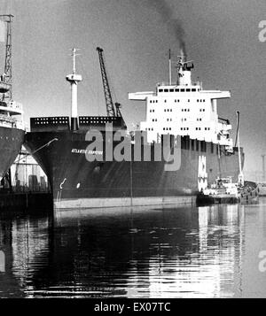The Atlantic Conveyor, a British merchant navy ship, which was requisitioned during the Falklands War. She was hit on 25 May 1982 by two Argentine air-launched AM39 Exocet missiles, killing 12 sailors. Circa 1980. Stock Photo