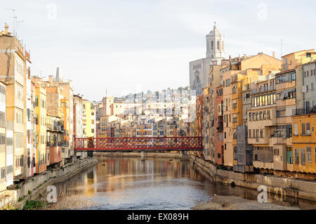 View of the city of Girona with a bridge designed by Gustave Eiffel over the River Onyar. Girona. Catalonia. Spain. Stock Photo