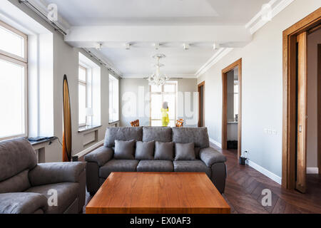 Modern living room interior. Young woman standing in front of window, rear view Stock Photo