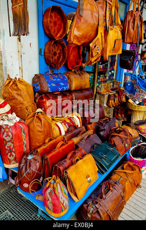 Leather bags, Medina, Essaouira, Atlantic coast, Morocco, northern Africa Stock Photo