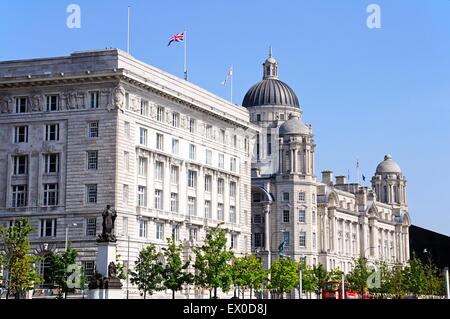 Two of  The Three Graces consisting of the Port of Liverpool Building and the Cunard Building, Liverpool, Merseyside, England. Stock Photo