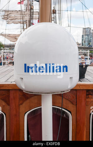 Belfast, Northern Ireland, UK. 02nd July, 2015. Intellian satellite communications antenna on a wooden sailing ship. Credit:  Stephen Barnes/Alamy Live News Stock Photo