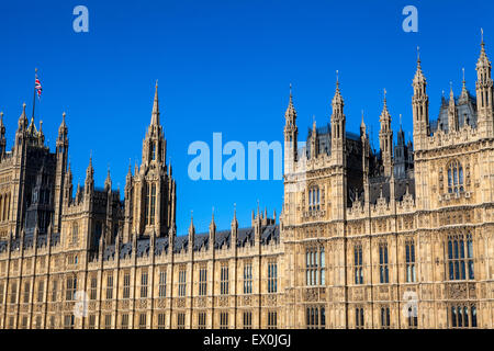 A close-up of the impressive architecture of the Palace of Westminster in London. Stock Photo