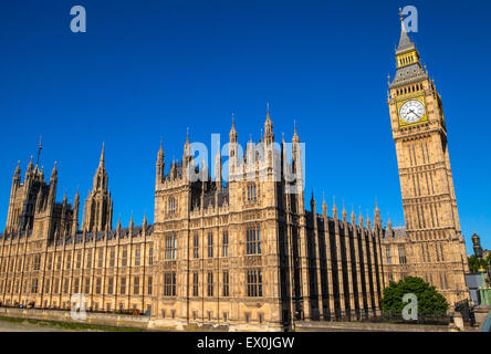 A view of the magnigicent architecture of the Palace of Westminster in London. Stock Photo