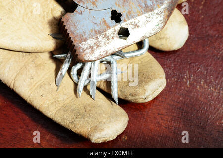 One old working leather glove with hammer and tacks on a table Stock Photo