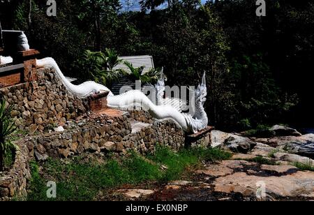 Chiang Mai, Thailand:  Two white Naga dragons descend a stone-walled staircase next to a rocky stream at Wat Palad Stock Photo