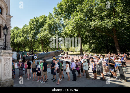 London, UK. 3rd July, 2015. A Vickers Supermarine Spitfire Mk 1A aircraft is pictured outside the Churchill War Rooms before its sale by Christie’s auction house Credit:  Guy Corbishley/Alamy Live News Stock Photo