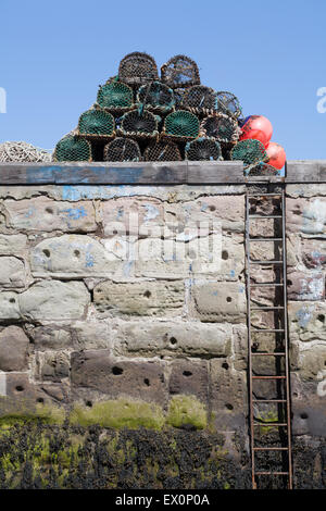 The harbour wall from the beach showing lobster pots and ropes at Seahouses harbour Northumberland England Great Britain Stock Photo