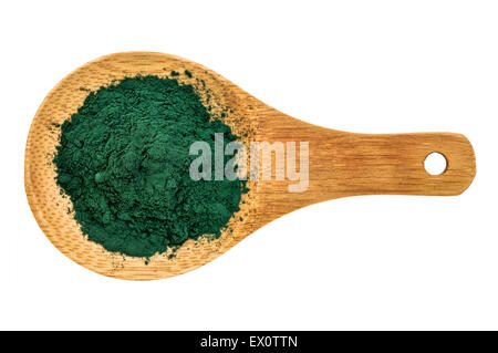 Nutrient-rich organic chlorella powder on a wooden spoon, isolated on white, top view Stock Photo