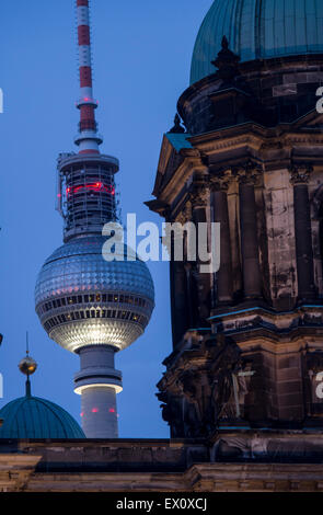 Fernsehturm TV Tower and tower of Berliner Dom Cathedral at night Mitte Berlin Germany Stock Photo