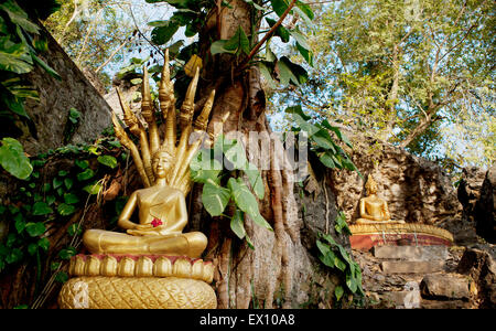 These golden statues on the Ban Khamyong side of Mount. Phou Si. depict the 7 positions of Buddha. Stock Photo