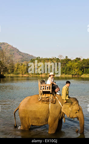 A Lao woman and mahout ride an elephant on the Khan River. Luang Prabang, Laos. Stock Photo