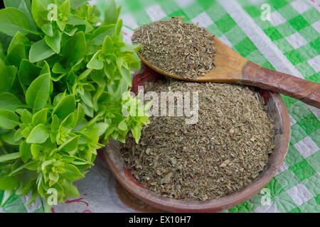 Dried basil leaves in wooden bowl. Also called great basil or