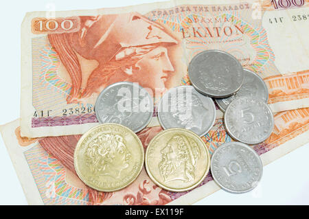 Old Greek currency drachma banknotes on white background Stock Photo