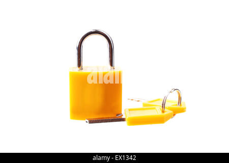 Small bag lock and keys on a white background Stock Photo