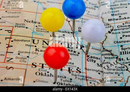 Macro shot of a map showing main cities in the mid west of the United States Stock Photo