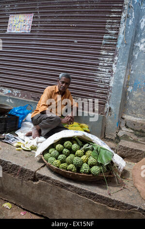 MYSORE, INDIA - NOVEMBER 04, 2012: Indian vendor sits in front of a pile of fresh green sugar apples in the Devaraja Market. Stock Photo
