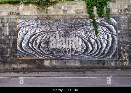 Bath, Somerset, UK. A street mural painting of a hollow way (holloway) or sunken lane (an ancient road). Stock Photo