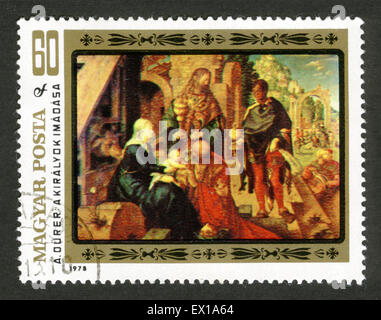 Hungary, painting,postage stamp,Postage stamp from Hungary depicting the Albrecht Durer painting ' Adoration of the Magi' 1504 Stock Photo
