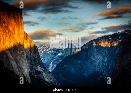 Yosemite Valley from Tunnel View. Golden late evening sunshine with snow on the peaks