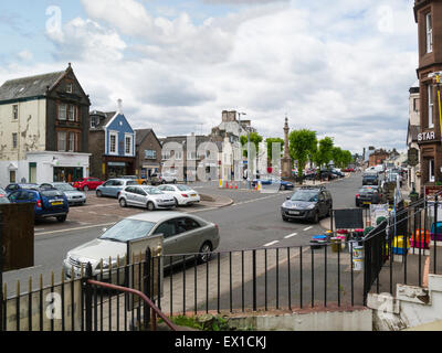 View along Moffat High Street Dumfries and Galloway Scottish Borders a vibrant bustling historic tourist town on River Annan local independent shops