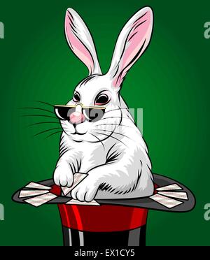 Illustration of rabbit in magic hat with playing cards. Illustration in cartoon style. Stock Vector