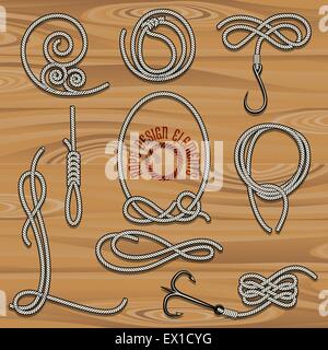 Collection of Rope Design elements. Drawn in vintage style. Knots, loops and hooks. Free font used. Stock Vector