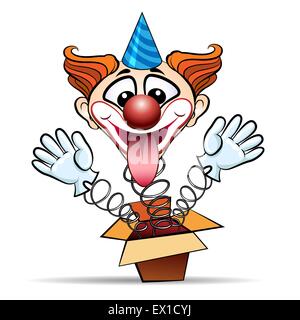 Funny illustration of laughing clown jumps out of surprised box. Isolated on white background. Stock Vector