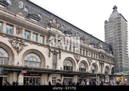 Gare de Lyon, mainline railway station terminal, with clock tower under construction, building in Paris, France. Stock Photo