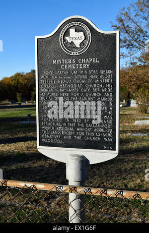 Minters Chapel Cemetery historical marker sign near DFW Airport in Euless, Texas. Stock Photo